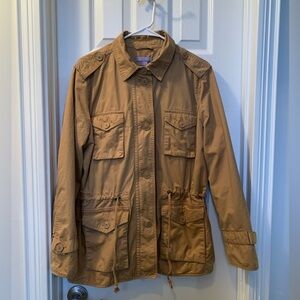 Laura Scott chore coat ladies Size LG tan/gold adjustable waist zipper & button